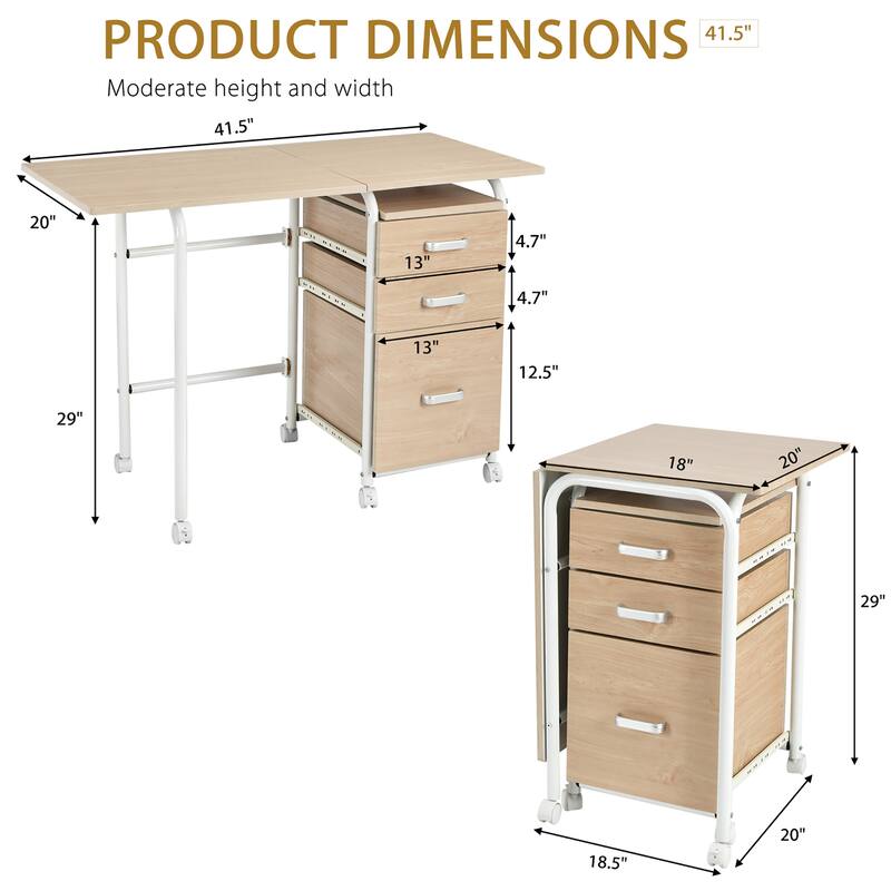 Foldable Computer Desk Laptop Table Wheeled Workstation with 3 Drawers