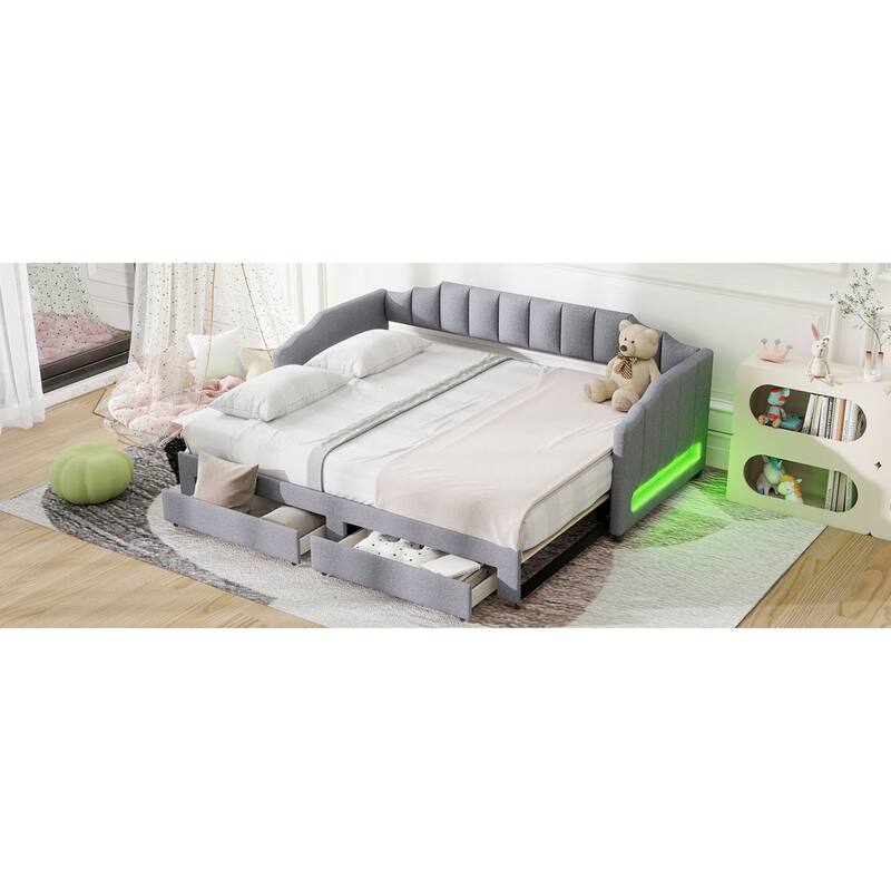 Roomfitters Twin XL Upholstered Daybed with LED Lights and 2 Storage Drawers, Extendable Pull-Out Sofa Bed Frame
