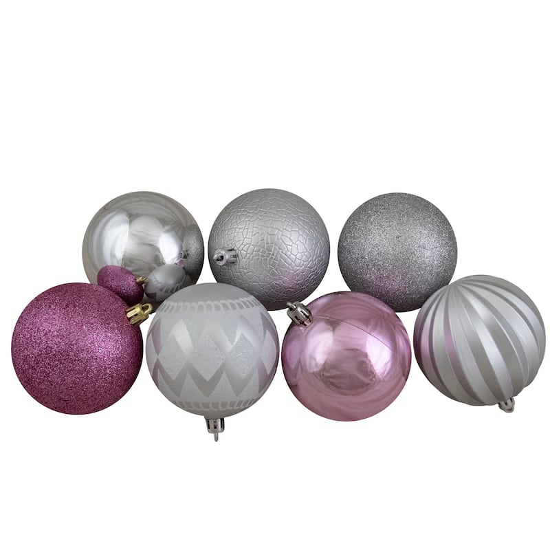 Shatterproof 3-Finish Christmas Ball and Finial Ornaments - Pink and Silver - 75ct