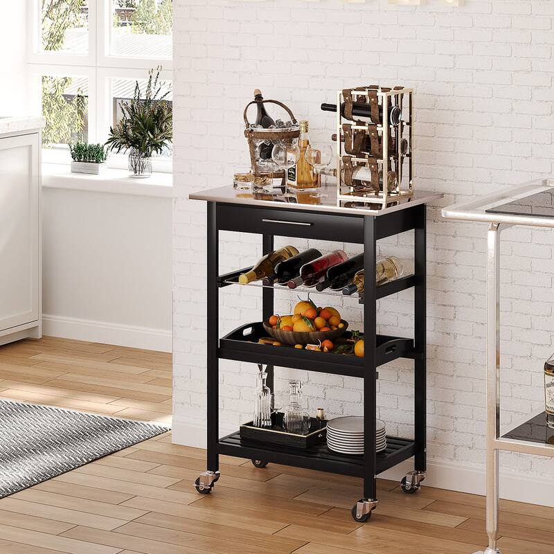 Kitchen Island Cart Rolling Trolley Utility Serving Cart With Stainless Steel Tabletop(no include stool)