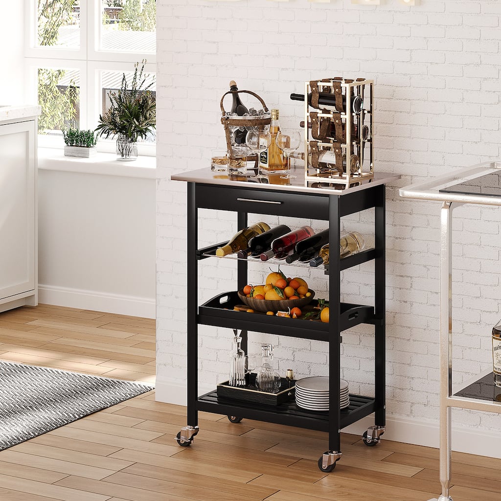Removable Kitchen Storage Cart with Drawers, Buffet Cabinet with 5 Bottles Wine Bottle Rack, Simple Wine Bakers Rack