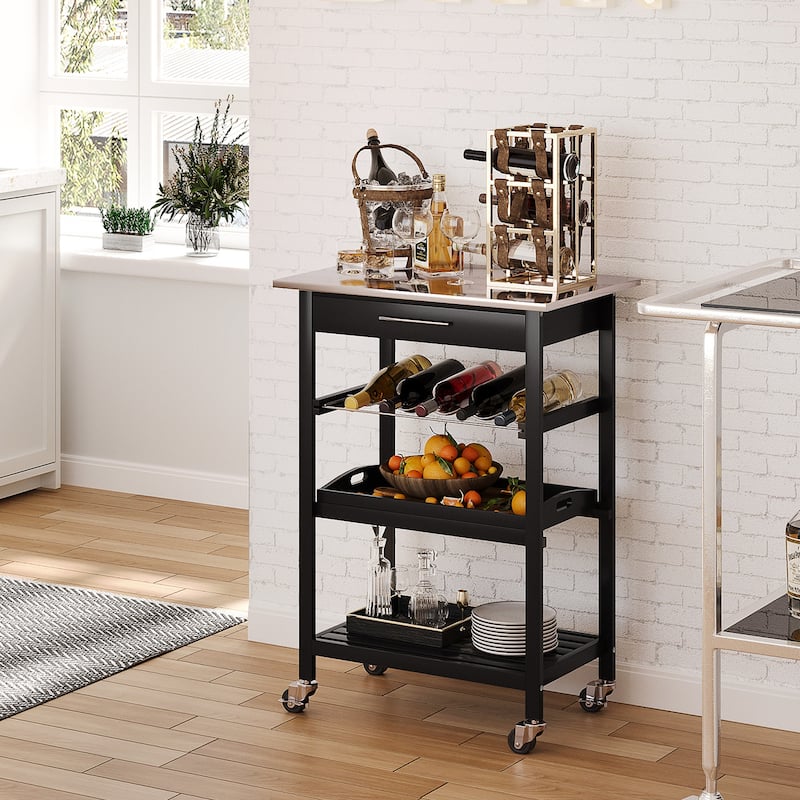 Mobile Stainless Steel Countertop Bar Cart with Wine Rack Storage Drawer and Lockable Wheels - 23.5" W x 15.75" D x 33.5" H