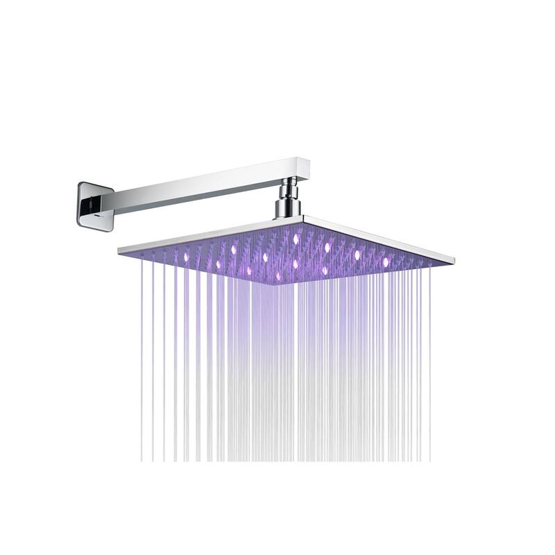 12" LED Wall Rainfall Shower 3 Way Thermostatic Faucet System w/ 6 Body Jets