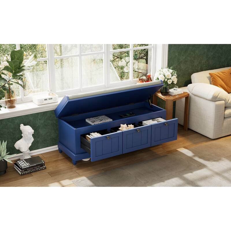 Fluted Entryway Bench with Storage - Navy Blue