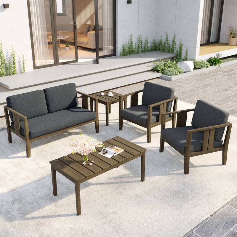 5-Piece Patio Furniture Solid Teak Outdoor Conversation Set