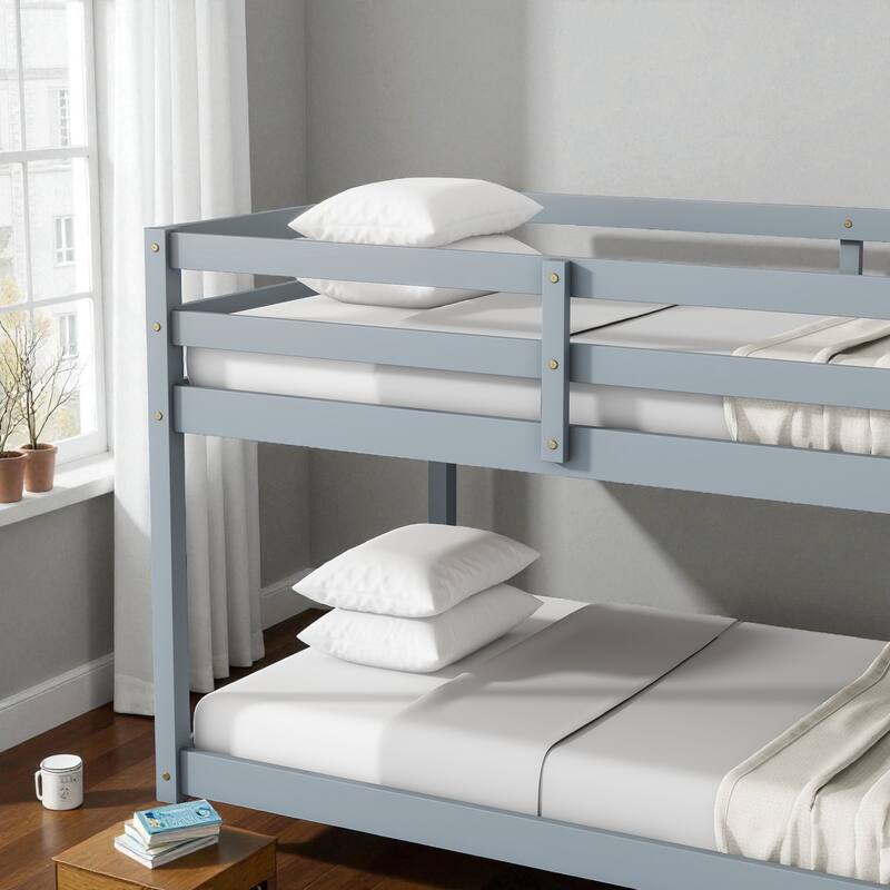 Solid Rubber Wood Twin Over Twin Floor Bunk Bed with Ladder, Low Height Design and Strengthened Slat Support