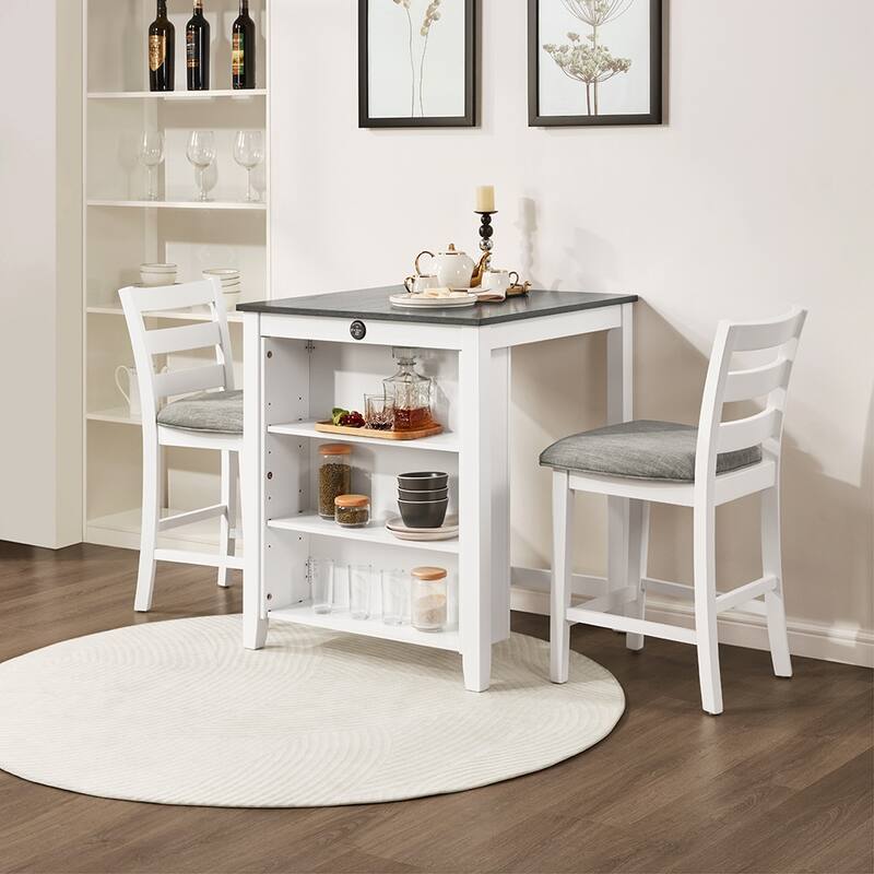 36" Modern Dining Table Set, 2-Seater Charging Station 3-Tier Storage - Off-White