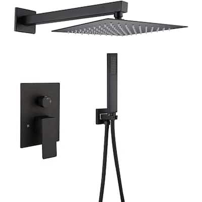 matte black wall mount 12 inch rain head 2 way shower faucet with handle sprayer - 7'6" x 10'9"