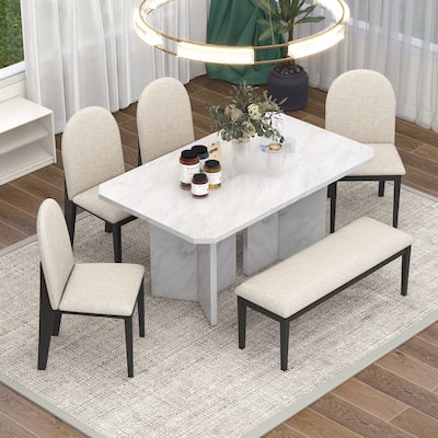 Rectangular Marble Texture Table and 4 Upholstered Dining Chairs1 Bench for Dining Room, 6-Piece Modern Dining Table Set