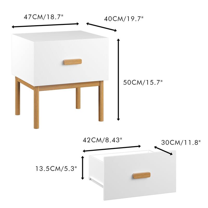 Modern White Nightstand With Drawer And Wood Legs, Minimalist Bedside Table With Handle