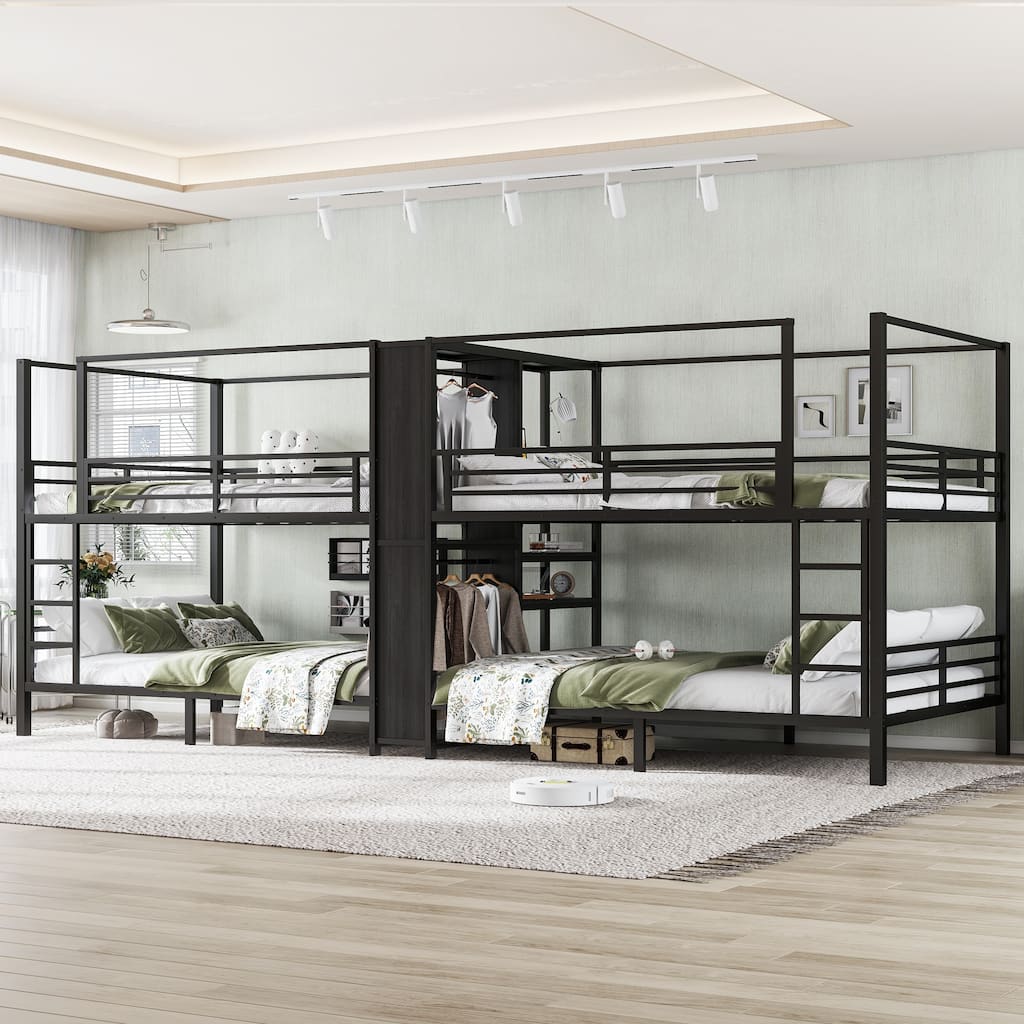 Quadruple Metal Bunk Bed with Built-in Storage Shelves & Wardrobe - Queen/Full/Twin, Sturdy Metal Frame with Noise-reduced