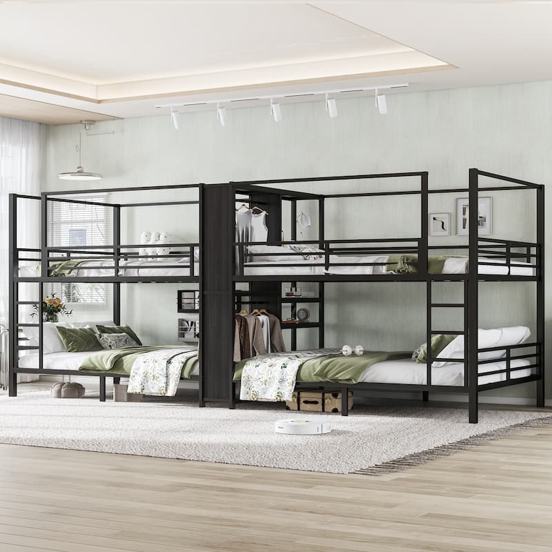 Queen Size Quadruple Metal Bunk Bed with Built-in Storage Shelves & Wardrobe, Sturdy Frame, Black - Black