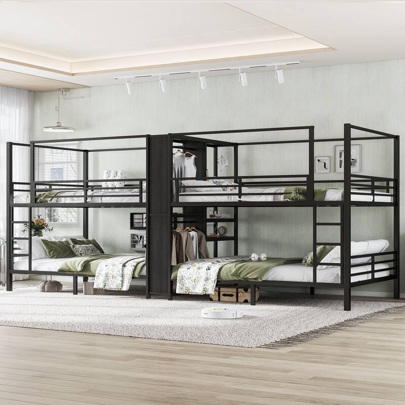 Queen Size Quadruple Metal Bunk Bed with Storage Shelves Wardrobe Noise reduced Black - Black