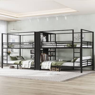 Queen Size Quadruple Metal Bunk Bed with Storage Shelves Wardrobe Noise reduced Black