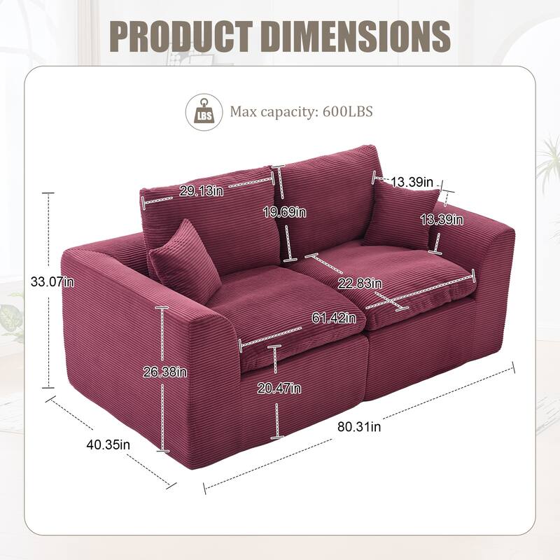 Modular Cloud Sectional Sofa, Comfy 2-Seater Corduroy Couch with Removable Covers