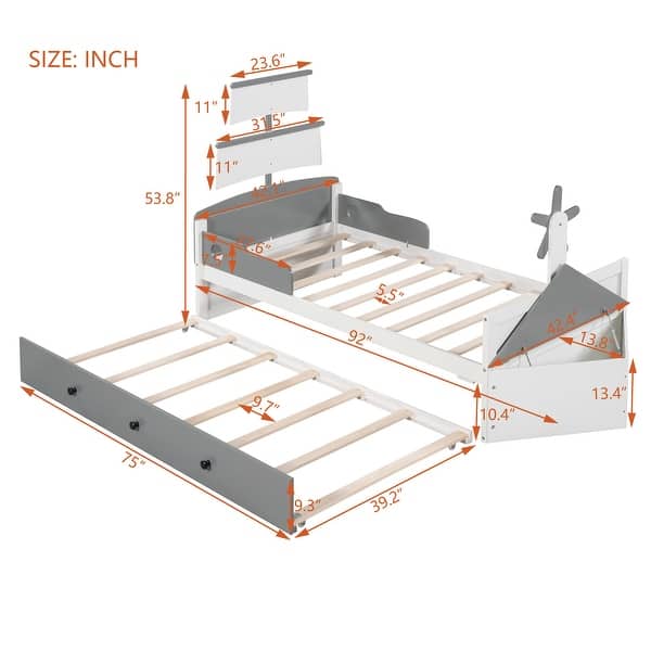 Gray Twin Size Pine Wood Boat-Shaped Platform Bed with Trundle and Storage, Sturdy Slats and Rails