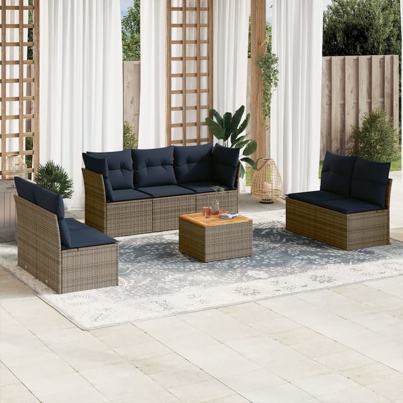 vidaXL Patio Sofa Set with Cushions Outdoor Furniture 8 Piece Poly Rattan - 24.4" x 24.4" x 27.2" - Gray - form1