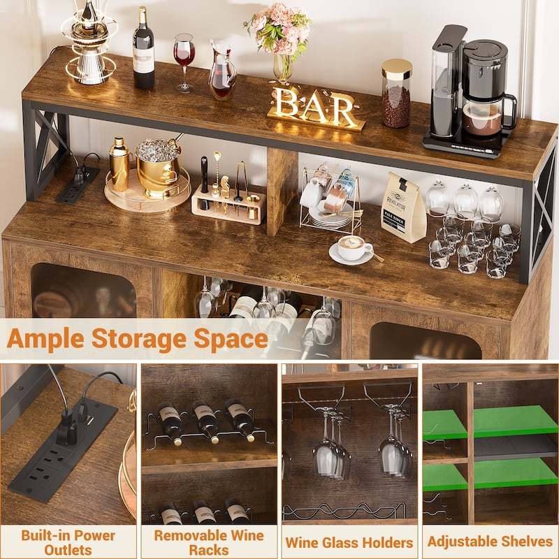 Buffet Sideboard Cabinet Wood Coffee Bar Cabinet with Charging Station and LED lights