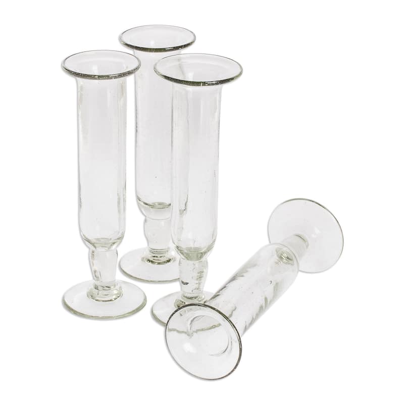 NOVICA Artisan Handblown Champagne Flutes Clear Guatemala Cordial Drinkware 'Tiny Bubbles'(Set of 4)