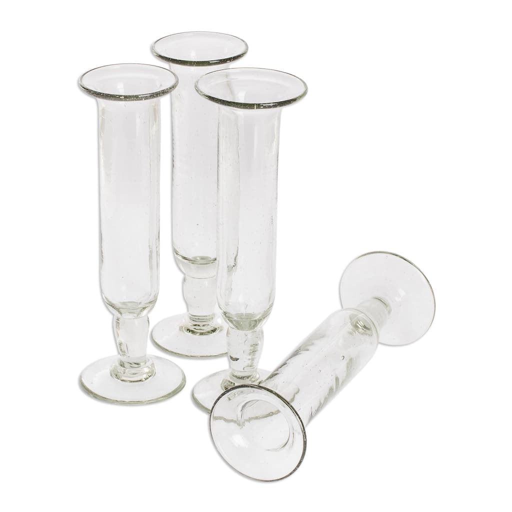 NOVICA Artisan Handblown Champagne Flutes Clear Guatemala Cordial Drinkware 'Tiny Bubbles'(Set of 4)