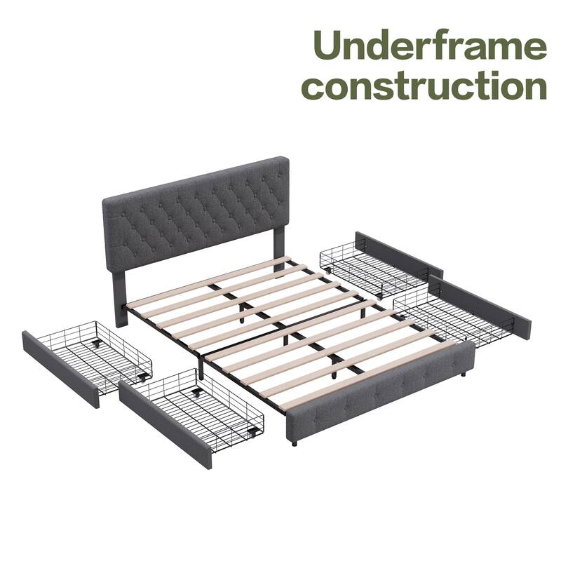 Linen Upholstered Headboard Bed Frame with Large Hidden Storage, 4 Underbed Drawers with Pulleys