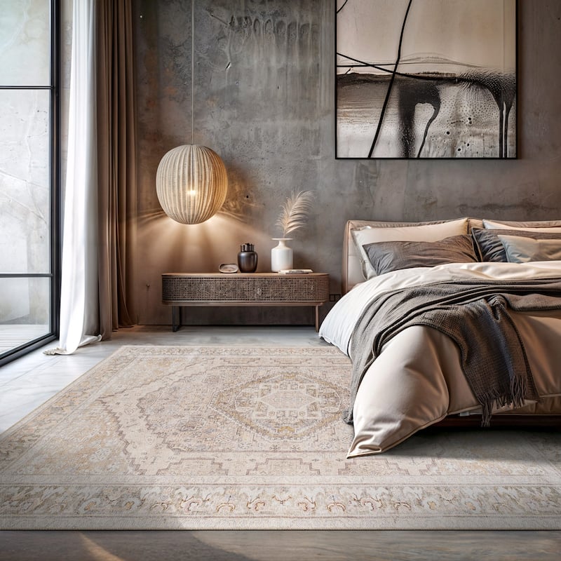 Beige Medallion Flat Pile Washable Rug - Pet Friendly, Non-Slip for Entryway and Bedroom