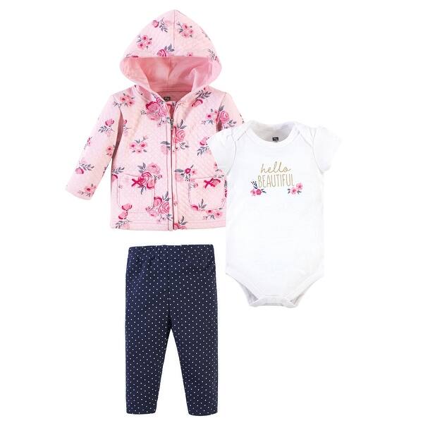 slide 1 of 1, Hudson Baby Infant Girl Premium Quilted Hoodie, Bodysuit and Pant, Pink Navy Floral 0-3 Months - Pink Navy Floral