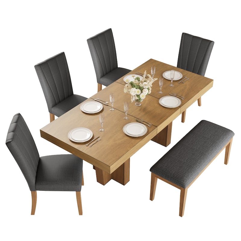 Farmhouse 78.1" Expandable Dining Set‌ – Includes Bench & 4 Upholstered Chairs, 3.8" Thick Tabletop with Trestle Base.