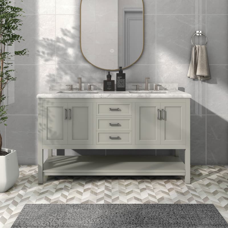 Furniture of America Anya 61" Double Bathroom Vanity with White Carrera Marble Top and Undermount Sink - Grey