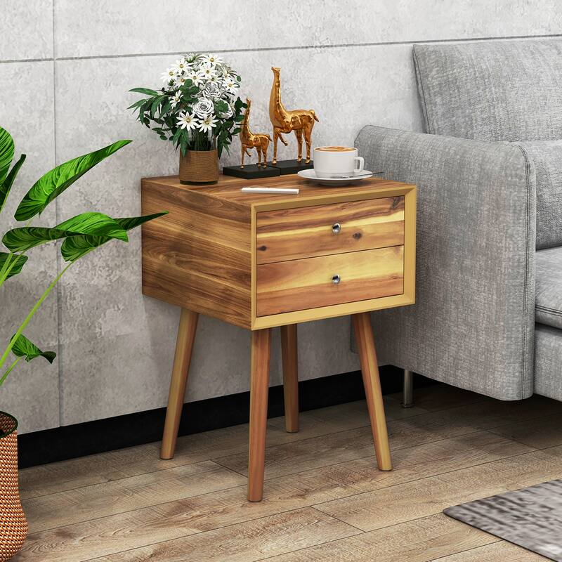 Gymax 2PCS Wooden Nightstand Mid-Century End Side Table W/2 Storage