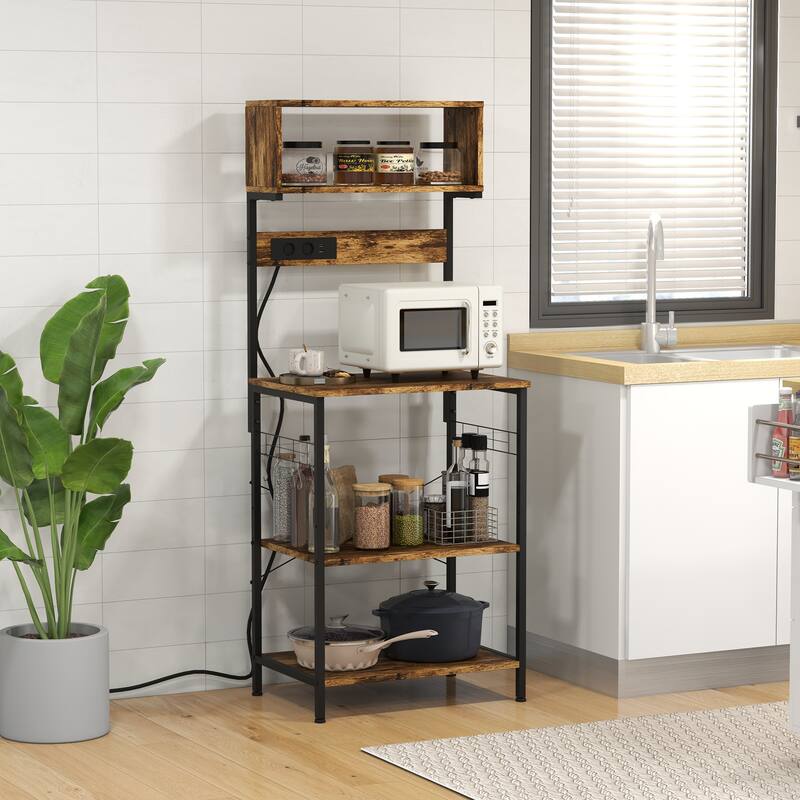 HOMCOM Kitchen Bakers Rack with Power Outlet, USB Charger, Microwave Stand, Rustic Brown - Brown - Stationary - Wood