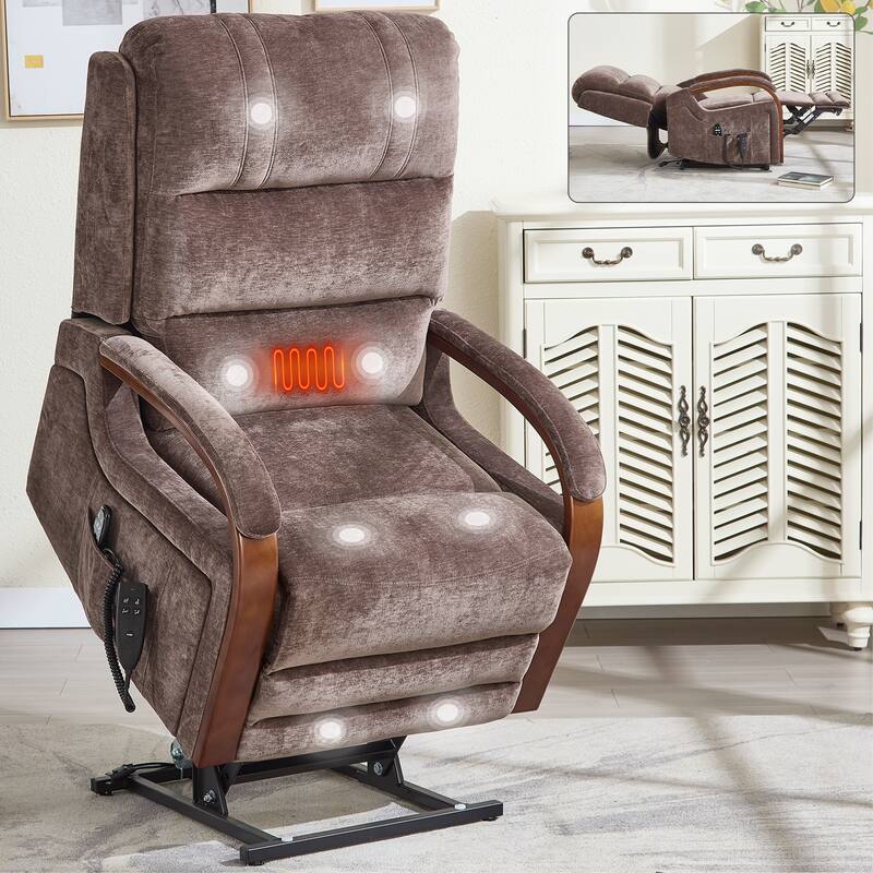 Dual Motor Power Lift Recliner Chair with Massage Heat and Wood Armrests