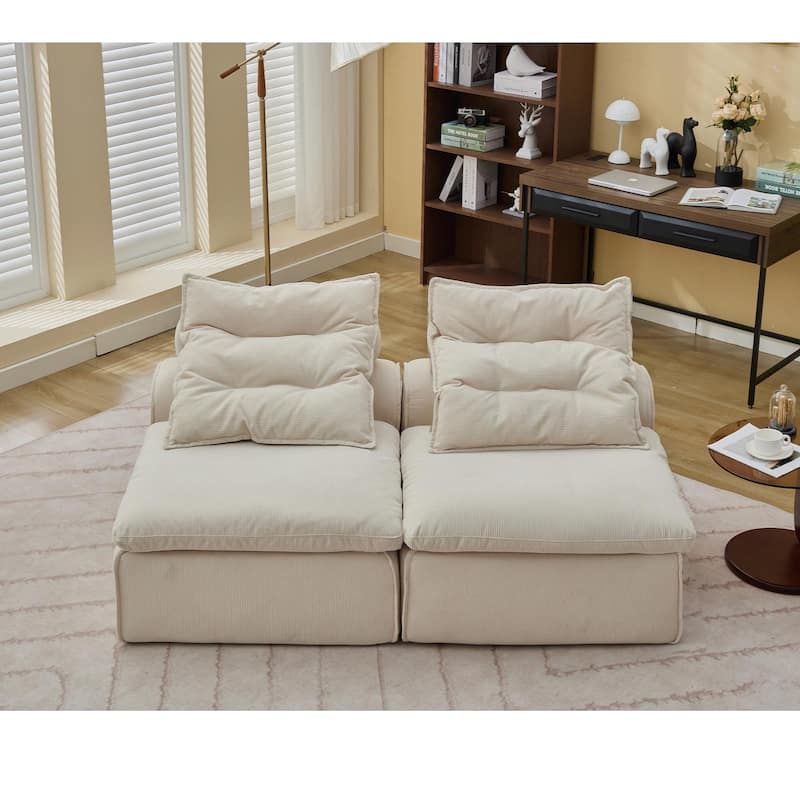 Anmytek Modular Sofa 2 Seats, Soft Corduroy Fabric, Neck Pillow-Back Lounge Sofa Chair, Upholstered, Beige