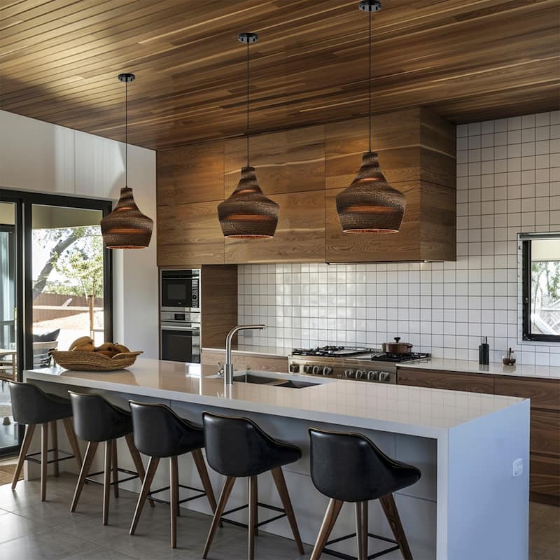 1-light Brown Natural Pendant Light With Nordic Style Corrugated Cardboard Shade