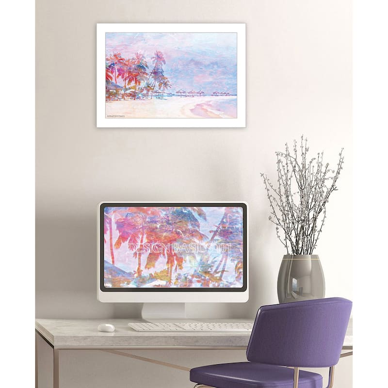 TrendyDecor4U Contemporary "Rainbow Bright Sandy Beach with Umbrellas" Framed Print Wall Art