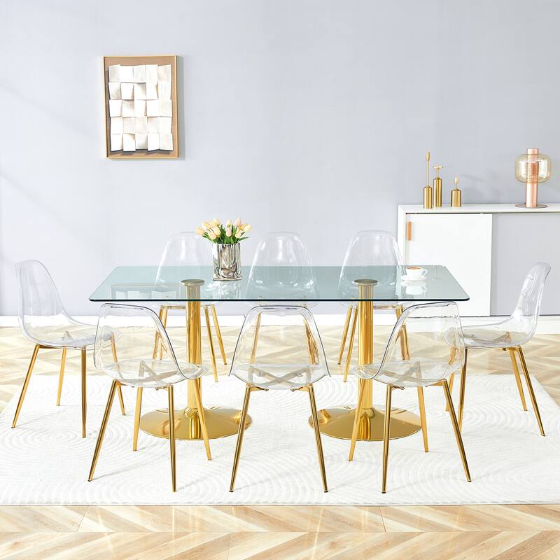 71" Dining Table Set for 6-8, Rectangular Kitchen Table with Transparent Plastic Chairs, Modern Glass Dining Room Table Set