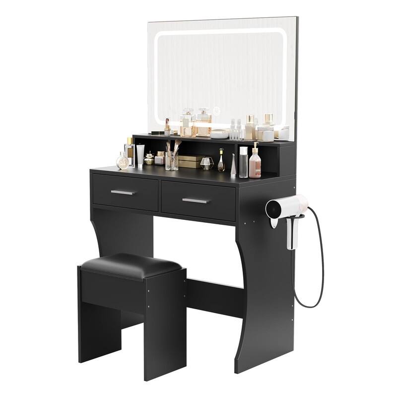 Makeup Table Set with 2 Drawers, Open Shelves, Charging Station & Stool