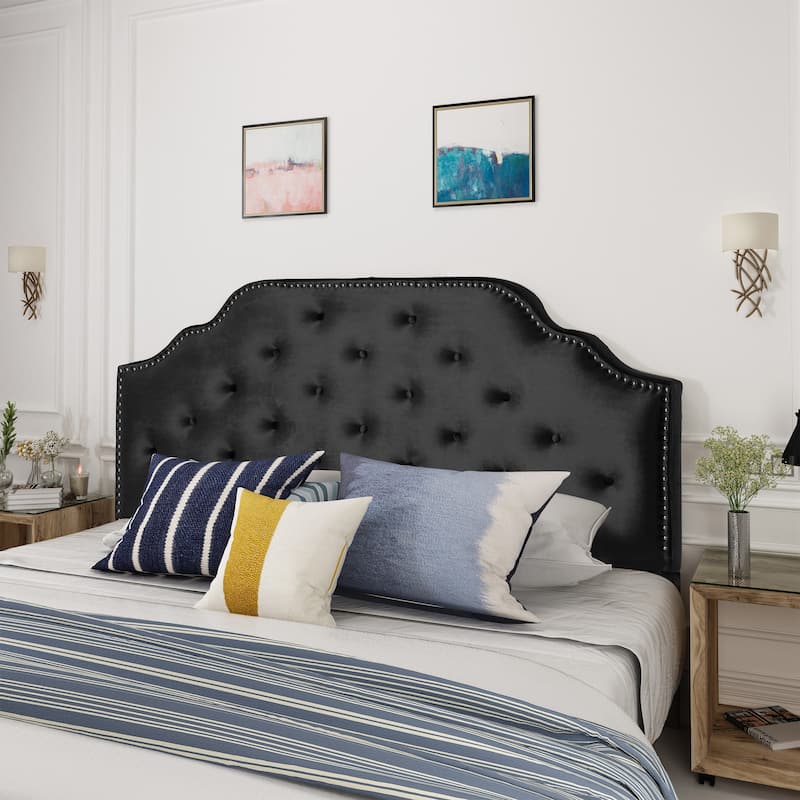 Queen Size Upholstered Headboard with Button Tufted Design, Nailhead Trim, and Adjustable Height - Black