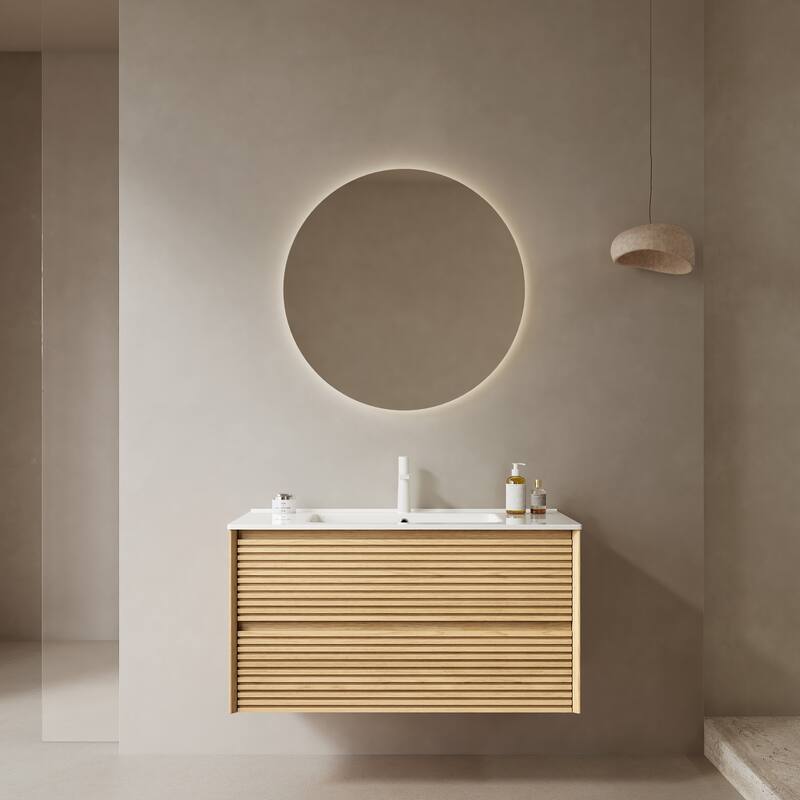 GDFStudio - Bron Modern Floating Bathroom Vanity with Integrated Rectangular Ceramic Basin and 2 Soft-Close Drawers