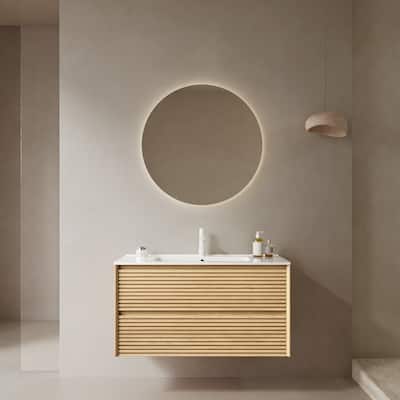 Minimalist Wall Floating Bathroom Vanity Horizontal Stripe Storage Cabinet with Integrated Sink and 2 Soft Close Drawers