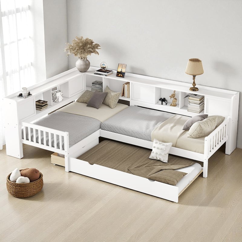 L-Shaped Twin Platform Bed with Trundle, Solid Wood Corner Bed Frame with Drawers and Shelves, No Box Spring Needed
