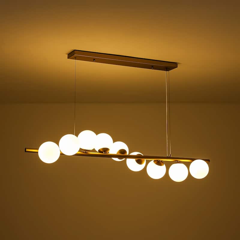 9-Light Modern Linear Cluster Frosted Glass Globe Chandelier in Gold Finish, Dining Room Light