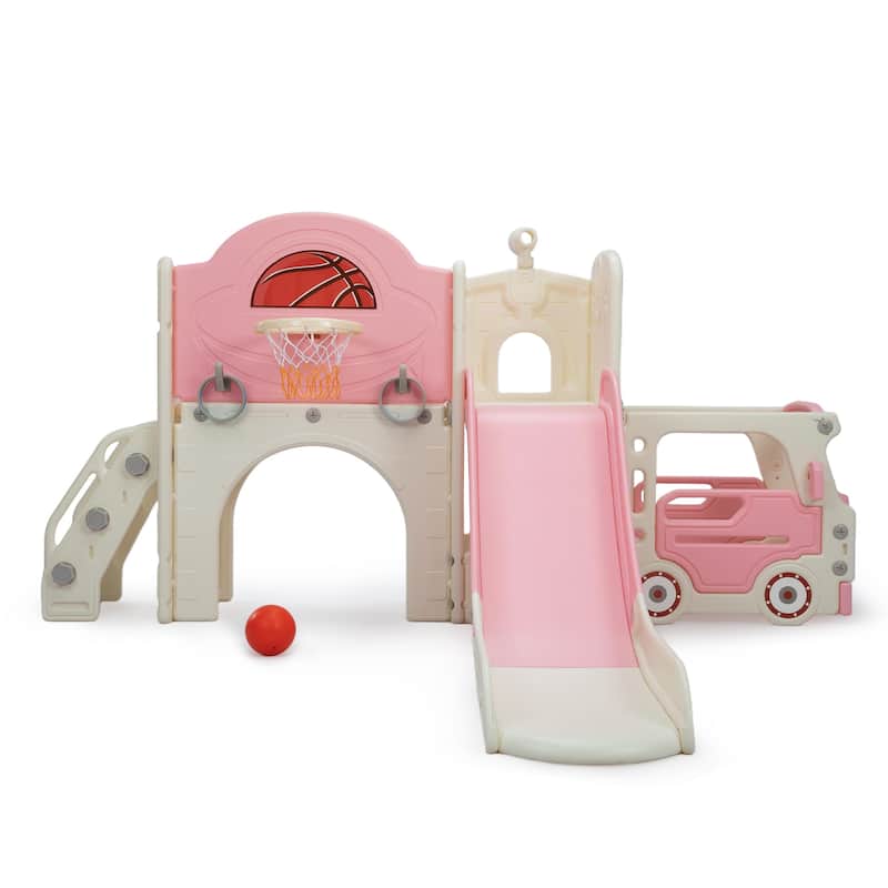 Bus-Themed 9-in-1 Kids Slide & Climbing Playset,Freestanding Castle Playhouse - Pink+White