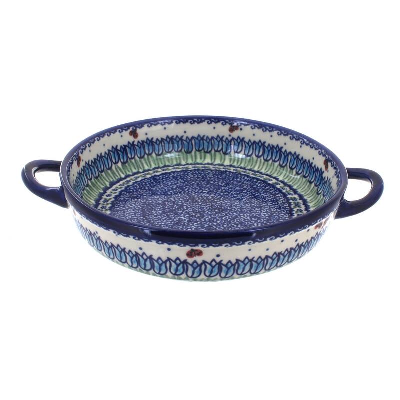 Blue Rose Polish Pottery 152 Vena Small Round Baker with Handles - Garden Tulip