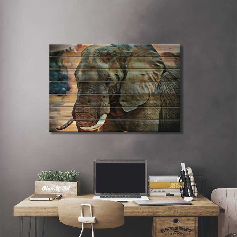 African Elephant Kicking Up Dirt Print On Wood by Ashley Aldridge - Multi-Color