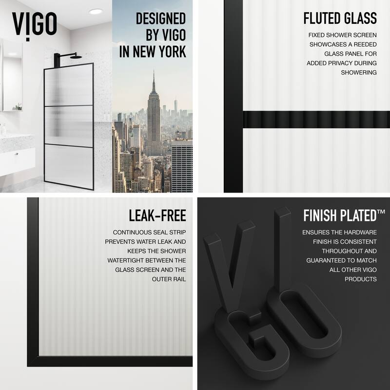 VIGO Divide 34" W x 74" H Framed Fixed Shower Screen in Matte Black
