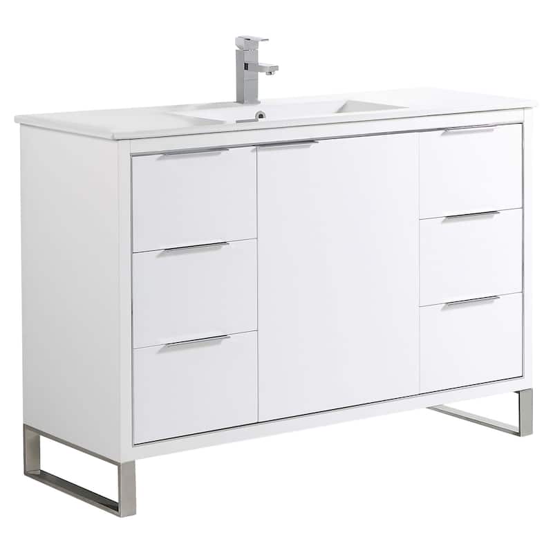 Fine Fixtures Opulence Collection Bathroom Vanity with White Ceramic Sink - 48 Inch - White Matte - Chrome Hardware