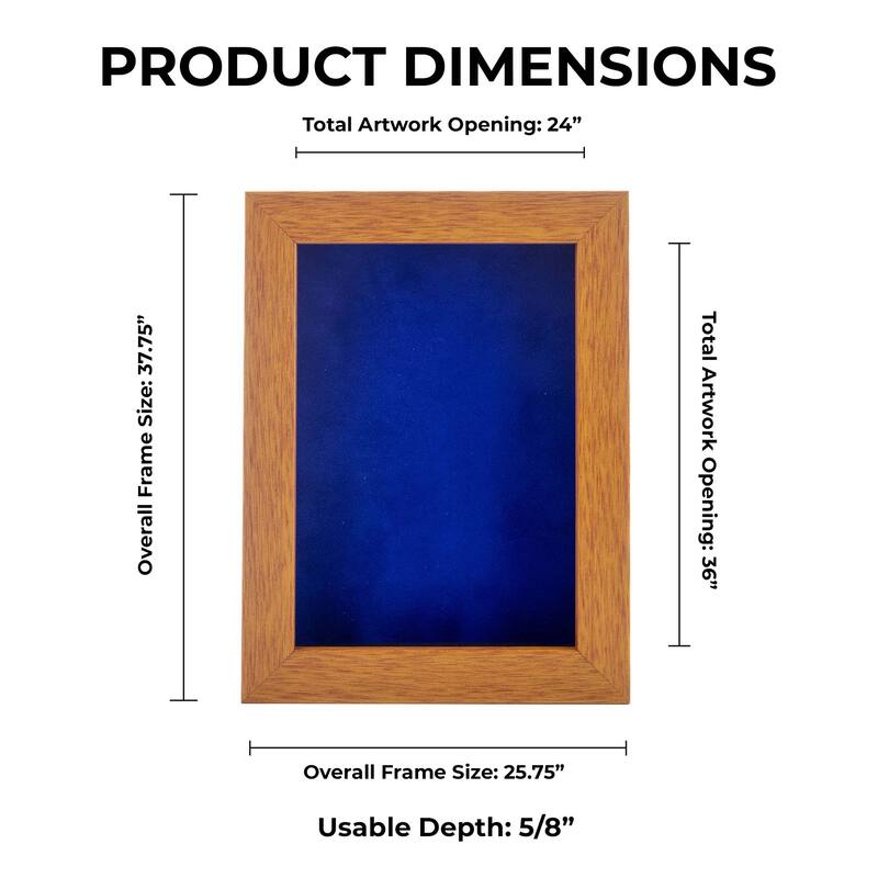24x36 Shadow Box Frame Light Brown Wood | With a 3/4" Usable Display Depth | Includes a Royal Blue Real Suede Texture Acid-Free