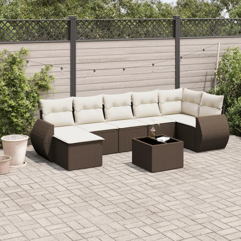 vidaXL Patio Sofa Set with Cushions Outdoor Furniture 8 Piece Poly Rattan - 21.7 x 21.7 x 14.6 - Brown with table