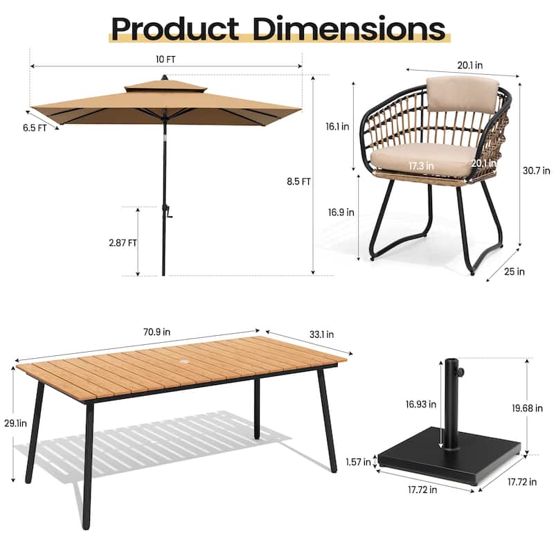 9PC Outdoor Patio Dining Set Aluminum Table with Rattan Chairs w/ Market Umbrella Sets